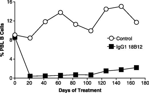 FIG. 1. Peripheral blood B cells in NOD mice are efficiently deleted by the IgG1 isotype of the 18B12 murine CD20-specific antibody. NOD female mice were initially injected intraperitoneally at 8 weeks of age with 10 mg/kg body wt of the IgG1 anti-CD20 isotype, with controls treated with a similar dose of the irrelevant 2B8 antibody (n = 3 per group). Proportions of B cells among peripheral blood leukocytes were then monitored over time. Depletion of peripheral blood B cells was safely maintained by repeated injection of the IgG1 18B12 antibody at 21-day intervals. PBL, peripheral blood.