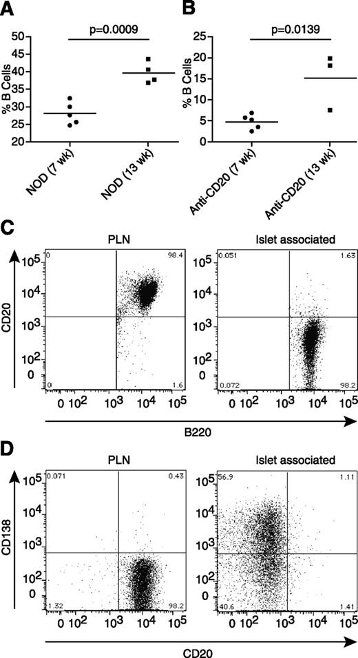 FIG. 4. B cells entering pancreatic islets in NOD mice become CD20-negative plasma cells. A: Proportion of total B cells in pancreatic islet–associated leukocytes from 7- or 13-week-old untreated NOD female mice. B: Proportion of total B cells in pancreatic islet–associated leukocytes from 7- or 13-week-old NOD female mice treated 2 weeks earlier with anti-CD20. Noted statistical significance values in A and B were determined by ANOVA analyses. C: Pancreatic islet–infiltrating B cells in 13-week-old untreated NOD control mice acquire a CD20-negative phenotype (right panel). B cells in PLNs were assessed as a CD20-staining positive control (left panel). Flow cytometric profiles are shown for B220 gated cells. D: CD20-negative pancreatic islet–associated B cells in untreated NOD mice convert to a CD138-positive plasma cell phenotype (right panel). B cells in PLNs were analyzed as a control (left panel). Flow cytometric profiles are shown for B220 gated cells.