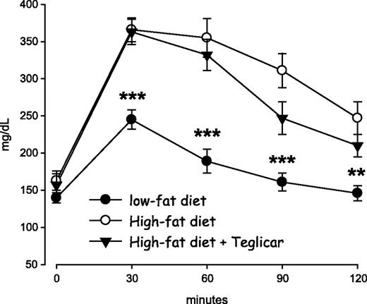 FIG. 5. Blood glucose levels during OGTT test on 5-h fasted male C57BL/6J mice fed with a high-fat diet and treated with teglicar (ST1326, 30 mg/kg, twice per day) for 15 days, at 5 h from last treatment. Means are ± SE (n = 6 for high-fat diet and low-fat diet; n = 5 for high-fat diet + teglicar). ***P < 0.001; **P < 0.01 vs. high-fat diet group.