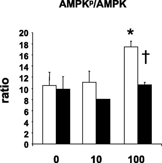 FIG. 6. 11β-HSD1 activity suppresses IL-6–mediated activation of AMP kinase in 3T3-L1 adipocytes. Differentiated 3T3-L1 adipocytes were exposed to increasing concentrations of IL-6 (□) alone or in the presence of the 11β-HSD1 substrate 11-DHC (200 nM, ■) for 24 h. Cells were homogenized, and levels of phosphorylated (activated) AMPK were determined by Western blot. *P < 0.05 for effects of 100 ng/mL IL-6 compared with basal and †P < 0.05 for effects of 11-DHC on IL-6–stimulated AMPK activation. Data are mean ± SEM, n = 4.