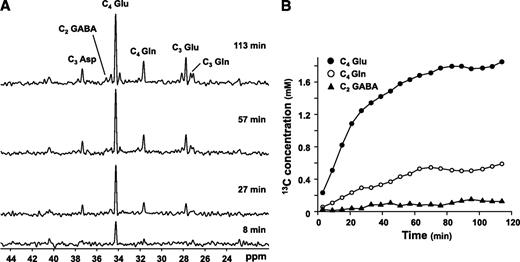 FIG. 6. Reaction rates can be assessed using 13C tracer kinetics. In the brain, intravenous infusion of 1-13C glucose leads to positional enrichment of several cerebral metabolites (A), including glutamate (Glu), glutamine (Gln), aspartate (Asp), and GABA. Metabolic modeling of the timecourses of enrichment (B) (●, C4-Glu; ○, C4-Gln; ▲, C2-GABA) yields estimated reaction rates (e.g., TCA cycle flux, neurotransmitter cycling).