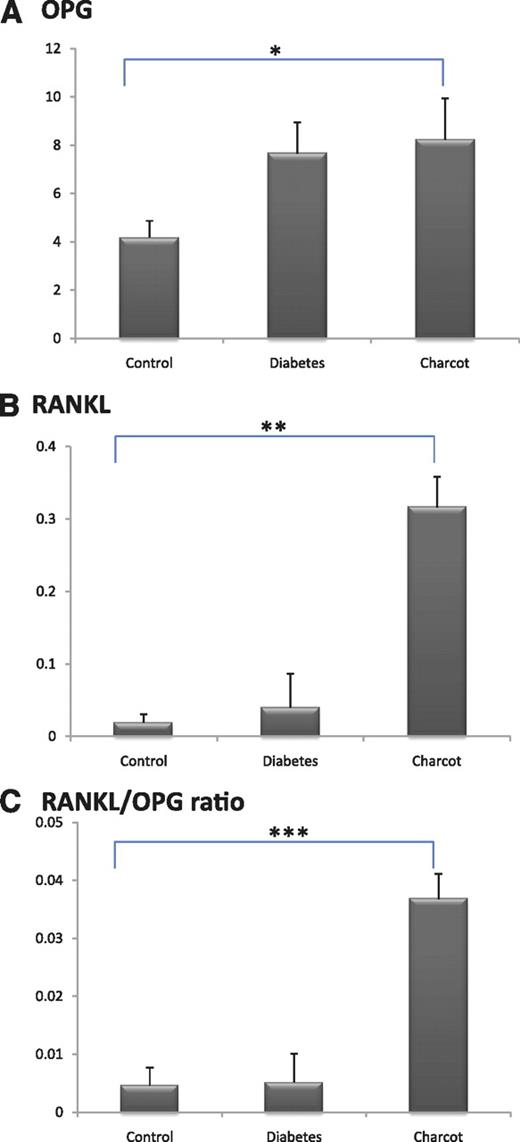 FIG. 2. ELISA kits (Oxford Biosystems, Oxford, U.K.) were used to determine levels of OPG and RANKL in the serum of patients with CN (n = 12), diabetic patients (n = 10), and nondiabetic control subjects (n = 5). OPG and RANKL levels are expressed in picomoles per liter. As shown, OPG and RANKL levels and the RANKL/OPG ratio were elevated in patients with CN compared with diabetic patients and nondiabetic control subjects (*P = 0.031, **P = 0.055, and ***P = 0.033, respectively). (A high-quality color representation of this figure is available in the online issue.)