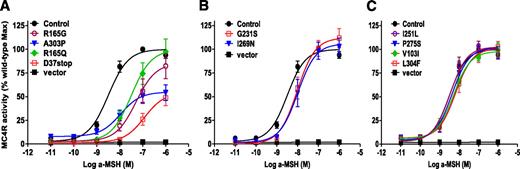 FIG. 1. Functional characterization of the identified MC4R missense/nonsense variants. MC4R activity (means ± SE) in response to a logarithmic increase of α-MSH is expressed as a percentage of the maximum wild-type MC4R activity. The best-fit estimate of the EC50, the concentration of α-MSH required to achieve 50% of the maximal effect starting from basal activity, and the 95% CIs were obtained from nonlinear regression fitting of the sigmoid dose-response curve using GraphPad Prism 5. A functional MC4R defect was defined as either a statistically significant decrease in the maximum response or a significant increase in the EC50. Those variants showing the greatest in vitro effects are shown in A, variants showing a milder effect are shown in B, and those variants with no detectable difference from wild-type MC4R are shown in C. Vector pcDNA3.1 served as a negative control for background cAMP accumulation.