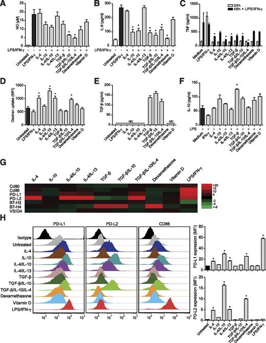 FIG. 1. IL-4, IL-10, and TGF-β induce a distinct anti-inflammatory M2 phenotype. Macrophages (1 × 105) were costimulated for 72 h with the respective stimulus and LPS/IFN-γ to determine levels of the proinflammatory mediators NO (A) and IL-6 (B). C: TNF measurement after activation with the respective stimulus for 24 h followed by secondary stimulation with LPS/IFN-γ for 24 h (48 h). D: Endocytosis assessed by stimulating 5 × 105 macrophages for 24 h with the respective stimulus followed by 4 h incubation with Alexa Fluor 647–coupled dextran. Bars represent mean fluorescence intensity (MFI). E: Levels of biologically active TGF-β secretion in 5 × 105 macrophages stimulated for 1 h, followed by 24 h incubation in fresh complete medium. F: IL-10 after costimulation of 5 × 105 macrophages for 1 h with the described stimulus and LPS, and further incubation in fresh complete medium for 24 h. G: Gene expression of costimulatory molecules identified using low-density arrays. Color patterns visualize fold gene expression relative to untreated controls (red indicates increase, green indicates decrease, and black designates no fold difference). H: PD-L1, PD-L2, and CD86 receptor expressions analyzed by flow cytometry (MFI) using receptor-specific antibody staining. Each color represents one macrophage stimulation (24 h) regimen. All results are representative of three independent experiments. Statistical comparisons were conducted against LPS/IFN-γ (A and B) or untreated (C–H) controls (black bars; n = 4). White bars represent negative controls. ND, not detectable. Error bars are presented in SEM. *P < 0.05.