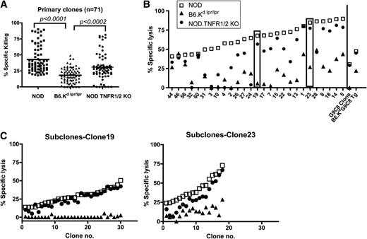 FIG. 5. Individual T-cell clones isolated from B6.KdG9C8 TCR-transgenic mice differ in ability to destroy Fas-negative targets. A: Killing of NOD, B6.Kd lpr/lpr, and NOD.TNFR1/2 KO by B6.KdG9C8 origin single-cell primary clones. B: Selected clones with high cytotoxic activity (>40% killing of NOD targets). C: Cytotoxic properties of secondary subclones from selected clones 23 and 19 (subclones are shown ranked by the strength of lysis of control splenocytes).