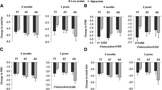 FIG. 1. Interaction between the FTO rs1558902 genotype and dietary protein intervention on changes in total fat (A), FFM (B), FM% (C), and percentage of trunk fat (D) at 6 months and 2 years. P values are adjusted for age, sex, ethnicity, carbohydrate, baseline values for respective outcomes, and baseline BMI. Data included 52 and 60 (TT), 66 and 73 (TA), and 31 and 28 (AA) participants in the low-protein group and the high-protein group at 6 months, respectively (total n = 310), and 34 and 44 (TT), 46 and 61 (TA), and 19 and 20 (AA) participants in the low-protein group and the high-protein group at 2 years, respectively (total n = 224). 