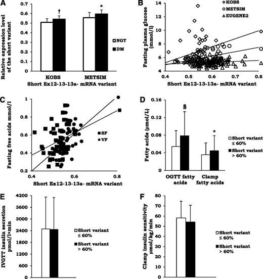 FIG. 3. A: Prevalence of the short TCF7L2 variant (see Fig. 1) in subcutaneous fat in individuals with and without type 2 diabetes in the KOBS and METSIM studies. White bars, normal glucose tolerance (NGT) subjects; black bars, type 2 diabetes (DM) subjects. Mean ± SD shown. *P < 0.05; †P < 0.01. B: Scatter plot demonstrating correlation between the short mRNA TCF7L2 variant expression (see Fig. 1) and fasting plasma glucose in the KOBS, EUGENE2, and METSIM studies in subcutaneous fat. White diamonds, KOBS study; white circles, METSIM study; white triangles, EUGENE2 study (KOBS, r = 0.335, P = 0.016; METSIM, r = 0.382, P = 0.011; EUGENE2, r = 0.218, P = 0.026). C: Scatter plot demonstrating correlation between the expression of the short TCF7L2 variant in subcutaneous fat (SF; black squares) (r = 0.350; P = 0.014) and visceral fat (VF; black circles) (r = 0.581; P = 1.8 × 10−5) and fasting plasma glucose and serum FFAs in the KOBS study. D: Insulin action in adipose tissue measured as serum FFA levels at 120 min after an oral glucose load (OGTT) (n = 216, all studies combined) or as serum FFA levels at the end of 40 mU euglycemic clamp (n = 113, EUGENE2 study) in individuals with low (white bars) or high (black bars) prevalence of the TCF7L2 short mRNA variant (divided by the median value). Mean ± SD shown. *P < 0.05; §P < 1 × 10−4. Insulin secretion measured during IVGTT (E) and insulin sensitivity measured as whole-body glucose uptake during the hyperinsulinemic euglycemic clamp (F) in the EUGENE2 study in individuals with low (white bars) or high (black bars) prevalence of the TCF7L2 short mRNA variant (divided by the median value).