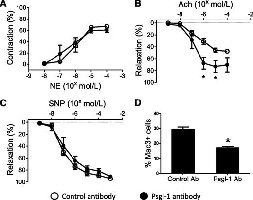 FIG. 6. Vasoactive responses of mesenteric arteries and macrophage content in mPVAT after anti–Psgl-1 treatment. DIO Psgl-1+/+ after 5 weekly injections of control antibody or Psgl-1 antibody (n = 4 per group). A: Concentration response to NE. B: Concentration response to Ach. C: Concentration response to SNP. D: Macrophage content in mPVAT. *P < 0.05 compared with control antibody-injected DIO Psgl-1+/+ mice.