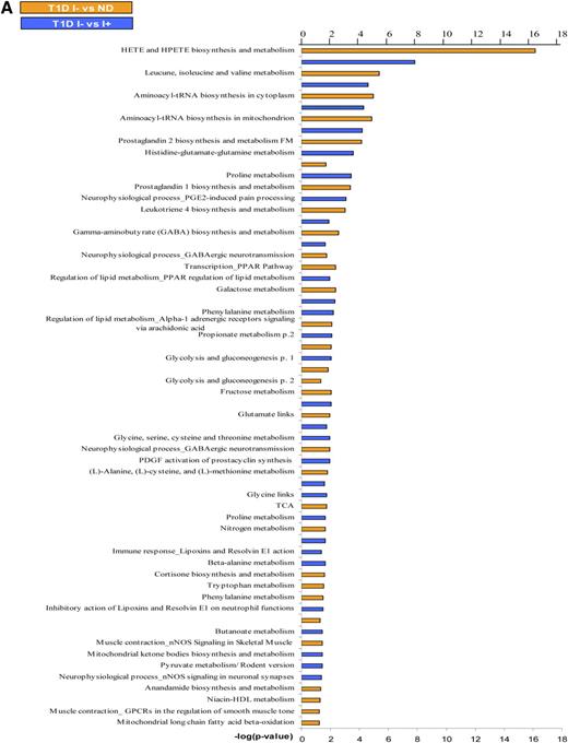 FIG. 2. A: The effect of differential regulation of metabolites on the canonical pathways during I− in T1D in comparison with I+ T1D and ND. The significance of the pathways was evaluated using P values and false discovery rate <0.05. B: Altered canonical pathways following insulin treatment in T1D in comparison with ND. *Metabolic pathways that were observed exclusively after systemic insulin treatment. The significance of the pathways was evaluated using P values and false discovery rate <0.05. nNOS, neuronal nitric oxide synthase; PDGF, platelet-derived growth factor; TCA, tricarboxylic acid; GPCR, G protein-coupled receptor; FM, function and metabolism.