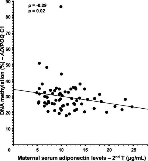 FIG. 3. Spearman correlation between the fetal side of the placenta ADIPOQ gene promoter DNA methylation and maternal serum levels. Adjusted for the mother’s BMI at the first trimester and HOMA-IR at the second trimester. The results remained unchanged after the removal of the single outlier (n = 70).