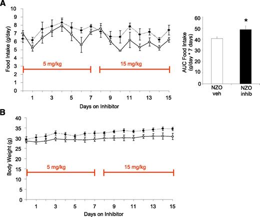 FIG. 7. Pharmacologic inhibition of FBPase in the NZO mouse. Food intake (absolute g/day) and AUC of food intake on 15 mg/kg inhibitor treatment over 7 days (panel inset) (A) and body weight (B) of NZO mice treated with FBPase inhibitor (black circles) or with vehicle (white circles) for 15 days (n = 5 per group). *P < 0.05 vs. NZO vehicle-treated mice, GLM ANOVA. All data expressed as mean ± SEM. (A high-quality color representation of this figure is available in the online issue.)