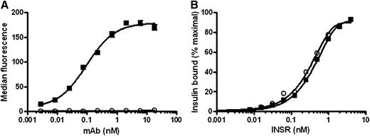 FIG. 1. XMetA binds to the INSR at an allosteric site. A: CHO-hINSR cells were incubated with increasing concentrations of either XMetA (■) or isotype control antibody (○) and antibody binding measured by flow cytometry (n = 4). B: Increasing concentrations of CHO-hINSR cells were incubated with 80 pmol/L insulin and either 70 nmol/L XMetA (■) or isotype control antibody (○). Insulin binding to the INSR was determined by KinExA (n = 3). mAb, monoclonal antibody.