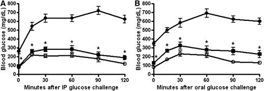 FIG. 6. XMetA improves glucose tolerance in diabetic mice. A: After 3 weeks of treatment, glucose was administered intraperitoneally (IP) at 1 g/kg to fasted mice. Blood glucose levels were measured for 120 min in control mice treated with 10 mg/kg (○) and diabetic mice treated with either 10 mg/kg XMetA (■) or isotype control antibody (●). B: After 3 weeks of treatment, glucose was administered orally at 1 g/kg to fasted mice. Blood glucose levels were measured for 120 min in control mice treated with 10 mg/kg isotype control antibody (○) and diabetic mice treated with either 10 mg/kg XMetA (■) or isotype control antibody (●). Values shown are mean ± SEM. *P < 0.05 for diabetic mice treated with XMetA compared with isotype control antibody; n = 8 mice/group.