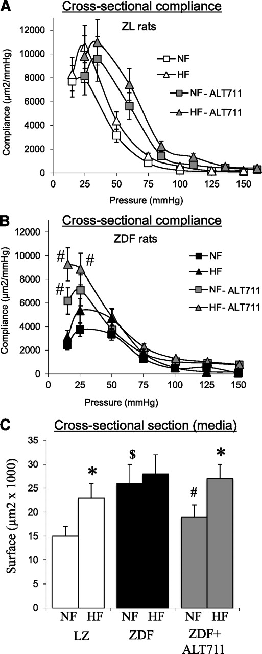 FIG. 2. In vitro cross-sectional compliance determined in response to stepwise increases in pressure from 10 to 150 mmHg in HF and NF mesenteric resistance arteries isolated from LZ (A) and ZDF (B) rats, either treated with the AGE-breaker ALT-711 or left untreated. C: Cross-sectional area of the media. Means ± SEM are presented (n = 10 per group). #P < 0.05, ALT-711 vs. control (untreated); *P < 0.05, HF vs. NF arteries; $P < 0.05, ZDF vs. LZ.