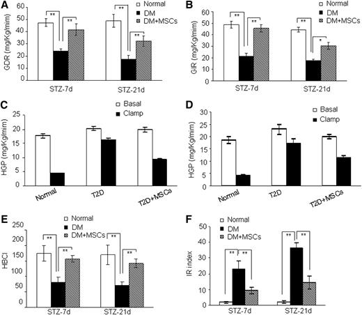 FIG. 4. Infusion of MSCs improved insulin sensitivity in T2D rats that received infusion at 7 or 21 days after STZ injection. A and B: Insulin sensitivity of each group was measured by euglycemic-hyperinsulinemic clamp. A: Exogenous GIR. All rats were infused with 8 mU/kg/min insulin during the hyperinsulinemic clamp. B: GDR of each group at insulin infusion rates of 8 mU/kg/min. C and D: HGP of each group at insulin infusion rates of 8 mU/kg/min, in the experiment in which MSC infusion was performed at 7 (C) or 21 days (D) after STZ injection. E and F: FBG and FINS concentrations of all rat groups were measured in blood collected at 2 weeks postinfusion by tail prick. E: HBCI of each group, HOMA-β (HBCI) = (20 × FINS [in units/L])/(FBG [in mmol/L] − 3.5). F: IR index of each group, HOMA-IR index = (FBG [in mmol/L] × FINS [in units/L])/22.5. Values of A–F are means ± SE. n = 10 rats per group. *P < 0.05 and **P < 0.01. d, day. DM, diabetes. 