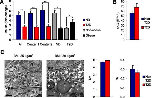 FIG. 1. Characterization of islets from diabetic and ND individuals. A: Fold-stimulation of insulin secretion by glucose in batch-incubated islets from non-T2D (n = 42) and T2D (n = 17) donors, nonobese (n = 37) and obese (n = 5) ND donors, as well as nonobese (n = 12) and obese T2D donors (n = 5). Fold-stimulation of insulin secretion in non-T2D and T2D donors separated by center (1, Lund; 2, Oxford) is also displayed. B: Total exocytosis evoked by a train of 10 depolarizations from −70 to 0 mV (ΣΔC) (n = 189 and 60 cells from 28 non-T2D and 8 T2D donors, respectively). C: Electron micrographs of human islets from non-T2D donors with low (25 kg/m2) and high (29 kg/m2) BMI. Lipid droplets (*), nucleus (N), and plasma membrane (PM, solid line) are indicated; dashed lines show 150-nm distance from PM. Scale bars, 0.5 μm. The histograms show the total granule number as volume density (Nv; granules/μm3) and the number of docked granules as surface density (Ns; granules/μm2) in β-cells from non-T2D and T2D donors (n = 75 and 42 cells from 12 and 6 donors, respectively). A granule was defined as docked when the center of the granule was located within 150 nm from the plasma membrane. Data are presented as means ± SEM. *P < 0.05 and **P < 0.01.