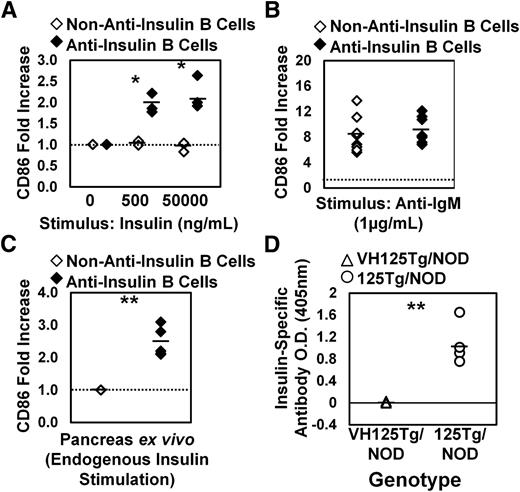 FIG. 2. Insulin invokes CD86 upregulation in anti-insulin B cells, preparing them to interact with autoreactive T cells, whereas autoantibody production is silenced. Spleens were harvested from VH125Tg/NOD mice (10–13 weeks old), and cells were cultured for 18 h in complete media plus stimulus indicated. Flow cytometry was used to assess the MFI of CD86 on non–insulin-binding or insulin-binding immature B cells (live B220midIgM+ lymphocytes). A–C: Non–insulin-binding (◇) or insulin-binding (♦) B cells are indicated. A: Splenocytes were cultured with 0, 0.5, or 50 µg/mL human insulin, and the CD86 MFI of insulin-stimulated cells was divided by the CD86 MFI of unstimulated cells to calculate CD86 fold upregulation of non–insulin-binding or insulin-binding B cells. n = 3 mice; one experiment. B: VH125Tg/C57BL/6 or VH125Tg/NOD splenocytes were cultured with no stimulus or 1 μg/mL anti-IgM, and CD86 fold upregulation was determined. n = 8 mice; n = 2 experiments. C: Cells were freshly isolated from pancreata and stained on ice with 50 ng/mL human insulin (to ensure BCR occupancy), and insulin-binding B cells were identified using mAb123 staining. CD86 fold upregulation was identified among live B220+ IgMa+ lymphocytes by dividing the CD86 MFI of insulin-binding B cells by the CD86 MFI of non–insulin-binding B cells present in the same organ. n = 5 mice; n = 2 experiments. D: ELISA was used as described in RESEARCH DESIGN AND METHODS to detect anti-insulin IgMa antibodies in sera harvested from unimmunized mice of the indicated genotypes. n = 14 VH125Tg/NOD (△) or n = 4 125Tg/NOD (○) positive control 6- to 14-week-old mice. n = 3 experiments. *P < 0.01; **P < 0.001, as calculated by a two-tailed t test.