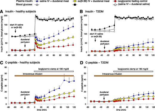 FIG. 2. Plasma insulin (A and B) and C-peptide (C and D) in response to hyperglycemic isoglycemic clamp experiments with intravenous (IV) saline plus duodenal meal (blue triangles), exendin(9-39) (ex[9-39]) IV plus duodenal meal (yellow squares), and isoglycemic IV glucose experiments without intraduodenal meal perfusion (red circles) in HS (A and C) and patients with T2DM (B and D). Blood glucose concentrations are shown in A and B (black and white symbols). n = 12 per group; mean ± SEM. See Tables 2 and 3 for statistical analysis.