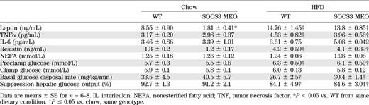 Serum adipokines, nonesterified fatty acids, and hyperinsulemic-euglycemic clamp parameters in WT and SOCS3 MKO mice fed a chow diet or an HFD