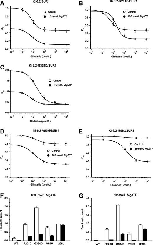 FIG. 6. ATP modulation of gliclazide block of wild-type and mutant KATP channels. A–E: Gliclazide concentration-inhibition relations for wild-type and mutant channels in the absence (○) and presence (●) of MgATP. Currents are expressed relative to those in the absence of both MgATP and gliclazide. MgATP concentrations were 15 μmol/L (A, Kir6.2/SUR1), 100 μmol/L (B, Kir6.2-R201C/SUR1), 1 mmol/L (C, Kir6.2-G334D/SUR1), 100 μmol/L (D, Kir6.2-V59M/SUR1), and 3 mmol/L (E, Kir6.2-I296L/SUR1). The lines are the best fit of Eq. 1 to the mean data with the following parameters: Kir6.2/SUR1 (A): IC50 = 67 nmol/L, h = 1.3, a = 0.45 (○) and IC50 = 71 nmol/L, h = 1.0, a = 0.10 (●); Kir6.2-R201C/SUR1 (B): IC50 = 67 nmol/L, h = 1.1, a = 0.39 (○) and IC50 = 190 nmol/L, h = 1.2, a = 0.25 (●); Kir6.2-G334D/SUR1 (C): IC50 = 140 nmol/L, h = 0.88, a = 0.31 (○) and IC50 = 213 nmol/L, h = 1.0, a = 0.39 (●); Kir6.2-V59M/SUR1 (D): IC50 = 200 nmol/L, h = 0.92, a = 0.79 (○) and IC50 = 49 nmol/L, h = 1.2, a = 0.48 (●); and Kir6.2-I296L/SUR1 (E): IC50 = 930 nmol/L, h = 1.5, a = 0.95 (○) and IC50 = 1,200 nmol/L, h = 0.98, a = 0.38 (●). n = 6 in all experiments. Note that in the absence of gliclazide Kir6.2-G334D/SUR1 currents are greater in the presence of ATP than in the absence of ATP because the G334D mutation abolishes the inhibitory effect of ATP at Kir6.2, leaving only the stimulatory effect at SUR1 (C). In contrast, currents are smaller in the presence of MgATP for all other channels because both inhibition and activation are present. F and G: Current remaining in the presence of 100 μmol/L MgATP or 1 mmol/L MgATP in the absence (open bars) and presence (solid bars) of 30 μmol/L gliclazide for wild-type channels and KATP channels carrying ND mutations. The current is expressed as a fraction of that in drug- and nucleotide-free solution. n = 6 in all experiments. WT, wild-type.