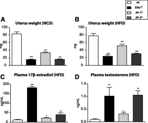 FIG. 3. Either ERαAF-1 or ERαAF-2 deficiency alters uterine weight and sex steroid plasma levels. Wet uterus weight at sacrifice in wt and mutant mice fed with NCD (A) and HFD (B). C: Plasma 17β-estradiol concentration in HFD-fed wt and mutant mice. D: Plasma testosterone concentration in HFD-fed wt and mutant mice. Data are means ± SEM (n = 5–6 per group). One-way ANOVA statistical analysis: *P < 0.05, **P < 0.01, and ***P < 0.001 for ERα−/−, ERαAF-1°, or ERαAF-2° vs. wt mice.