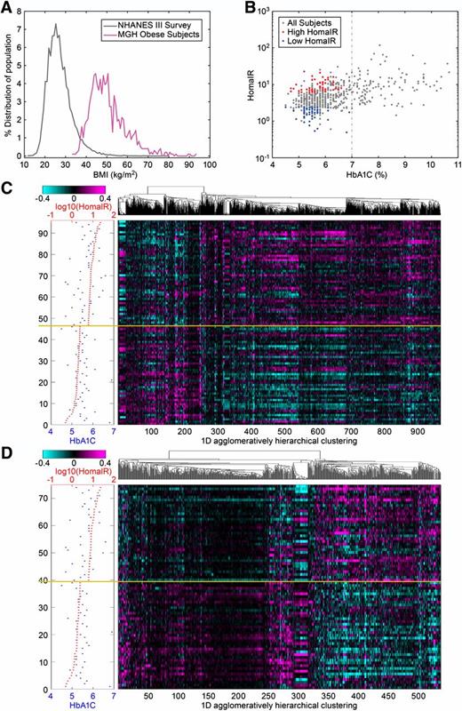 FIG. 1. A: The BMI distribution curve (magenta) for patients who were involved in the RYGB profiling experiments, and the BMI distribution curve (gray) for the general population in National Health and Nutrition Examination Survey (NHANES) III survey. B: A dot plot comparing HOMA-IR trait vs. HbA1c trait for the patients who were involved in our profiling studies (nondiabetic, did not use any medicine, and had HbA1c <7%; gray). The red dots represent patients who had higher HOMA-IR level (top 15%), the blue dots represent patients who had lower HOMA-IR level (bottom 15%) among the patients included in the profiling analysis. C: A heat map showing the one-dimensional histogram of the 968 selected omental genes that differentiate between high and low HOMA-IR levels in the unsupervised analysis. Magenta in the heat map indicates upregulation and cyan indicates downregulation for the individual patient sample compared with the pool of all patient samples. D: A heat map showing the one-dimensional histogram of the 546 selected subcutaneous genes that differentiate between high and low HOMA-IR levels in the unsupervised analysis. The methodology used for calculating the algorithms for unsupervised clustering can be found in the Supplementary Materials. (A high-quality digital representation of this figure is available in the online issue.)