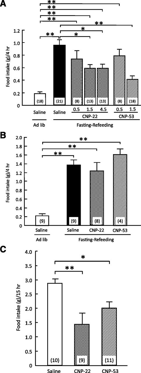 FIG. 1. Effects of CNP on refeeding after fasting. A: Effects of intracerebroventricular administration of CNP-22 (0.5, 1.5, and 4.5 nmol/mouse) and CNP-53 (0.5 and 1.5 nmol/mouse) on 4-h refeeding after 48-h fasting in mice. Food intake was observed for 4 h after refeeding. B: Effects of intraperitoneal administration of CNP-22 (1.5 μmol/kg) and CNP-53 (0.5 μmol/kg) on 4-h refeeding after 48-h fasting in mice. Food intake was observed for 4 h after refeeding. C: Effects of intracerebroventricular administration of CNP-22 (4.5 nmol/mouse) and CNP-53 (1.5 nmol/mouse) on nocturnal food intake in mice. Food intake was observed for 15 h after intracerebroventricular injection. Data represent mean ± SEM. The number of mice is given in parentheses. Significant differences: *P < 0.05, **P < 0.01.