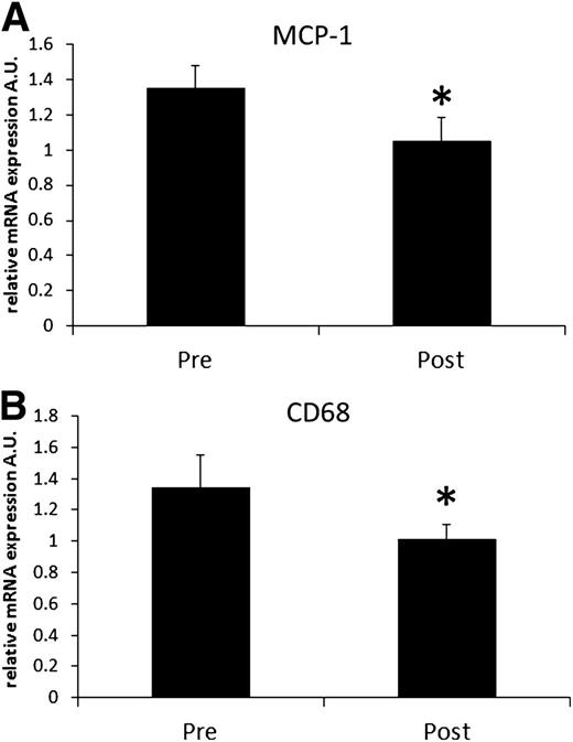 FIG. 3. Changes in gene expression in adipose tissue after FO treatment. A: MCP-1. B: CD68. *P < 0.05 vs. pretreatment. Data are expressed as mean ± SEM. A.U., arbitrary units.