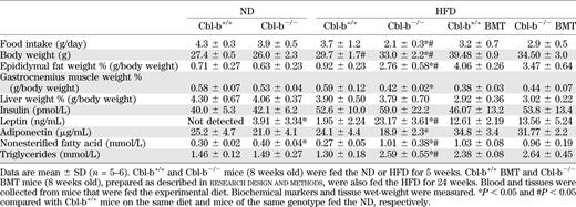Metabolic parameters in Cbl-b−/− mice or BMT mice fed the HFD