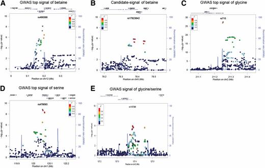 FIG. 1. Regional association plots of the five SNP-metabolite associations in the RISC cohort. In each plot, the top panel shows the name and location of genes in the UCSC Genome Browser. The –log 10 of P values of the imputed SNPs are plotted on the y-axis against genomic position (NCBI Build 36) on the x-axis. The top signal is represented by a diamond. Estimated recombination rates (taken from HapMap) are plotted to reflect the local linkage disequilibrium structure around the associated SNPs and their correlated proxies (according to a gray scale from r2 = 0 to 1, based on pairwise r2 values from HapMap Phase II CEU). chr, chromosome. (A high-quality color representation of this figure is available in the online issue.)