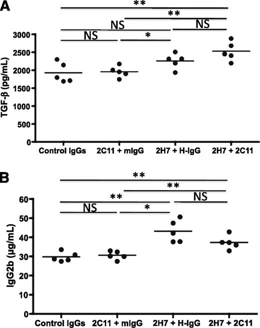 FIG. 4. Anti-hCD20/oral anti-CD3 combined treatment induces TGF-β production. A: Sera were collected from hCD20/NOD mice treated with anti-hCD20/oral anti-CD3 or control mouse IgG/oral hamster IgG, and active TGF-β level in sera was detected by ELISA. B: IgG2a and IgG2b levels in sera were detected by ELISA. The statistical analysis was performed with Student t test. *P < 0.05; **P < 0.001. 2C11, oral anti-CD3; 2H7, anti-hCD20; H-IgG, hamster IgG; mIgG, mouse IgG; NS, not significant.