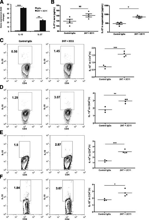 FIG. 6. Anti-hCD20/oral anti-CD3 combined treatment promotes IL-10– and IL-27–producing DCs to induce IL-10–secreting CD4 T cells. A: IL10 and IL27 mRNA were determined by qPCR in DCs from mice treated with anti-hCD20/oral anti-CD3 or control mouse IgG/hamster IgG. B: IL-27 protein was detected by ELISA from sera of mice treated with anti-hCD20/oral anti-CD3 or control IgG and supernatant of BMDC culture. Splenic DCs from mice treated with anti-hCD20/oral anti-CD3 or control IgG (C and E) and BMDC (D and F) were cocultured with sorted polyclonal CD4+ T cells (C and D) and BDC2.5 monoclonal CD4+ T cells (E and F) in the presence of anti-CD3 and anti-CD28 for 3 days. IL-10–producing CD4 T cells were detected by intracellular cytokine staining. The statistical analysis was performed with Student t test. *P < 0.05; **P < 0.001; ***P < 0.0001. 2C11, oral anti-CD3; 2H7, anti-hCD20; NS, not significant.