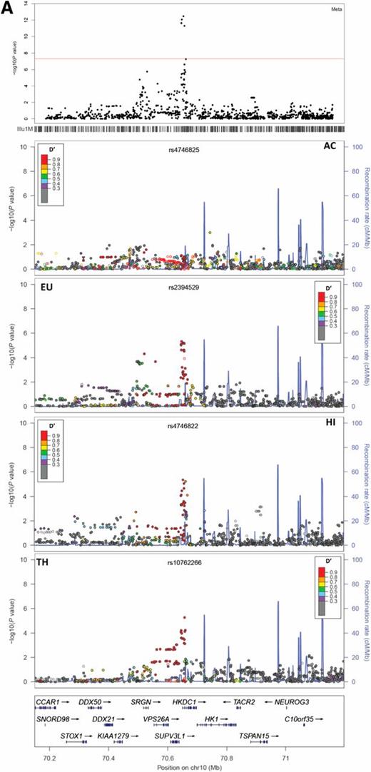 FIG. 1. A: LocusZoom plot of association results and LD boundaries around HKDC1. The top panel reflects the meta-analysis results of the four GWAS cohorts. Each of the four middle panels contains the population-specific (AC, EU, HI, TH) association results and estimates of LD (D′) from the SNP with the strongest evidence for association in the meta-analysis. The LD estimates are color coded as a heat map from purple (D′ ≥0.3 to >0.4) to red (D′ ≥0.9 to >1.0), whereas gray indicates D′ <0.3. These coincide with the recombination hotspots indicated by the blue lines (recombination rate in genetic distance between markers [cM]/physical distance [Mb] from HapMap (12). The bottom panel shows the genes and their directions in this region of chromosome 10. B: HKDC1 mRNA in human tissues as determined by RT-PCR: (1) adipose tissue, (2) bladder, (3) brain, (4) cervix, (5) colon, (6) esophagus, (7) heart, (8) kidney, (9) liver, (10) lung, (11) ovary, (12) placenta, (13) prostate, (14) skeletal muscle, (15) small intestine, (16) spleen, (17) testes, (18) thymus, (19) thyroid, and (20) trachea. C: Aligned genes, SNPs, active enhancer marks, OC regions, and gene expression profiles of the 2HPG-associated HKDC1 region on chromosome 10. SNPs upstream and within HKDC1 align with peaks representing regions enriched for active histone marks and OC regions in cell types representing 16 different tissues. HKDC1 is highly expressed in colon, lung, liver, and cervical carcinomas.