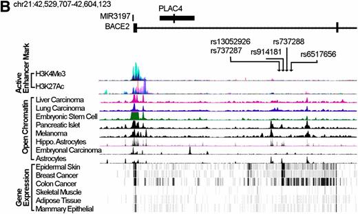 FIG. 2. A: LocusZoom plot of association results and LD around BACE2. See Fig. 1 legend for details. B: Aligned genes, SNPs, active enhancer marks, OC regions, and gene expression profiles of the FCP-associated BACE2 region on chromosome 21. SNPs within BACE2 overlap with peaks representing regions enriched for active histone marks and OC regions in cell types representing eight different tissues. BACE2 is expressed in epidermal skin, breast and colon cancers, skeletal muscle, adipose tissue, and mammary epithelial cells. cM, genetic distance between markers; Mb, physical distance.