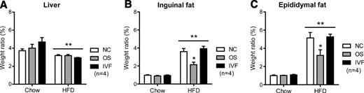 Figure 2. Tissue weight ratio (normalized to body weight) of liver (A), inguinal fat (B), and epididymal fat (C) in male mice. **Diet effect, P < 0.001. B: Group effect, P = 0.002; Group × diet effect, P = 0.004; post hoc test, *OS vs. NC and IVF, P < 0.001. C: Group effect, P = 0.03; group × diet effect, P = 0.04; post hoc test,*OS vs. NC and IVF, P < 0.01.