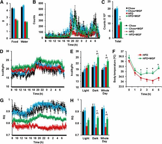 Figure 2. MGF enhances EE and promotes carbohydrate utilization in vivo. C57BL6/J mice (5–6 weeks old) were fed with CD or HFD or those diets mixed a dose of 0.5% MGF for 16 weeks (n = 10 per group). A: Average daily food and water intake. Indirect calorimetry assessments of locomotor activity (B and C), EE (D and E), and RQ (G and H). F: Cold test. Body temperature was monitored while mice were exposed to 4°C for 5 h. *P < 0.05. P values were obtained by t test for F and by ANOVA test for the rest. Values are average ± SEM.