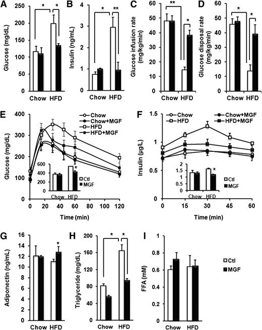 Figure 3. MGF protects against HFD-induced glucose intolerance and insulin resistance. Blood glucose (A), insulin (B), adiponectin (G), triglyceride (H), and free fatty acid (FFA) (I) levels were measured after a 12-h fast in animals fed with CD or HFD, with or without 0.5% MGF, for 16–18 weeks. GIR (C) and disposal rate (D) determined by hyperinsulinemic-euglycemic clamp assay performed on mice fed with CD or HFD, with or without 0.5% MGF, for 16–18 weeks. E: IGTT was performed after a 12-h fast on mice fed with CD or HFD, with or without 0.5% MGF, for 14 weeks. F: Insulin secretion during IGTT. Values are average ± SEM (n = 6–10 per group). *P < 0.05, **P < 0.01. P values were obtained by ANOVA test.