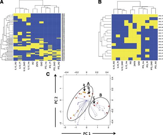 Figure 3. Clustering analysis of autoimmune inflammatory phenotypes in siblings. Unbiased hierarchical clustering analysis of autoimmune CD4 T-cell and AAb responses are represented as heat maps. A: Analysis of unaffected siblings in an unbiased, cross-sectional study. B: Analysis of high-risk, unaffected siblings with multiple (two or more) islet AAb positivity showing two main clusters characterized by the presence of IL-10 with sparse IFN-γ (lower left) and the presence of IFN-γ with sparse IL-10 (upper right). Yellow indicates a positive response to an analyte and blue a negative response. CD4 T-cell peptide-specific responses are summarized into proteins (IA-2, GAD, PI, and Ins). C: Plots showing two principal components (PCs) for siblings with two or more islet AAbs and at high risk of progression to disease; each subject is identified by a diamond, the color of which indicates AAb positivity (open = no AAb; yellow = 1 AAb+; orange = 2 AAb+; red = 3 AAb+; brown = 4 AAb+). For explanation of arrows, see Fig. 1D legend. The same oval outlines as in Fig. 1D are overlaid, and the corresponding clusters A (IFN-γ dominated) and B (IL-10 dominated) are identifiable in high-risk subjects. The subjects identified by arrows a and bin cluster A developed type 1 diabetes (ages 6 and 10 years, respectively, at diagnosis); the subject identified by arrow c in cluster B developed type 1 diabetes at age 18 years. IFG, interferon-γ; Ins, insulin; PI, proinsulin.