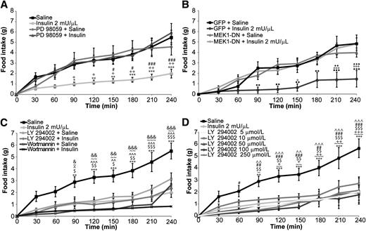 Figure 2. Inhibition of DVC Erk1/2 signaling negates the ability of insulin to lower food intake. A: Rats fasted for 6 h were infused with MAPK inhibitor (PD98059, 900 \x{03bc}mol/L) into the DVC at 0.04 \x{03bc}L/min for 5 min (0.2 \x{03bc}L total). An hour later, rats were infused with insulin (2 mU/\x{03bc}L, 400 \x{03bc}U per site) or saline into the DVC at 0.04 \x{03bc}L/min for 5 min. Food was returned and intake was measured every half hour for 4 h. Data are presented as mean ± SEM; n = 13 for saline, n = 11 for insulin 2 mU/\x{03bc}L, n = 6 for insulin or saline with PD98059. *P value insulin vs. saline; +P value insulin vs. PD98059 + saline; #P value insulin vs. PD98059 + insulin. B: Rats injected with an adenovirus overexpressing MEK1-DN or GFP into the DVC were fasted for 6 h and subsequently infused with insulin (2 mU/\x{03bc}L) or saline into the DVC at 0.04 \x{03bc}L/min for 5 min. Food was returned and intake was measured every half hour for 4 h. Data are presented as mean ± SEM; n = 6 for MEK1-DN with saline or insulin, n = 5 for GFP with saline or insulin. ♦P value GFP-insulin vs. GFP-saline; ○P value GFP-insulin vs. MEK1-DN-insulin; ●P value GFP-insulin vs. MEK1-DN-saline. C: Same protocol was used as for panel A but PI3K inhibitors (LY294002, 500 \x{03bc}mol/L or wortmannin 20 \x{03bc}mol/L) were infused instead. Data are presented as mean ± SEM; n = 13 for saline, n = 11 for insulin 2 mU/\x{03bc}L, n = 7 for insulin or saline with LY294002, n = 4 for insulin or saline groups with wortmannin. *P value insulin vs. saline; $P value saline vs. LY294002 + saline; ^P value saline vs. LY294002 + insulin; ∼P value saline vs. wortmannin + saline; &P value saline vs. wortmannin + insulin. D: Rats fasted for 6 h were infused with various doses of LY294002, saline, or insulin. Food was given back and food intake was measured every half hour for 4 h. Data are presented as mean ± SEM. n = 13 for saline; n = 11 for insulin at 2 mU/\x{03bc}L; n = 5 for various doses of LY294002 (5, 10, 50, 100 and 250 \x{03bc}mol/L). *P value saline vs. insulin 2 mU/\x{03bc}L; ∼P value saline vs. 5 \x{03bc}mol/L LY294002 + saline; +P value saline vs. 10 \x{03bc}mol/L LY294002 + saline; $P value saline vs. 50 \x{03bc}mol/L LY294002 + saline; #P value saline vs. 100 \x{03bc}mol/L LY294002 + saline; ^P value saline vs. 250 \x{03bc}mol/L LY294002 + saline. One symbol, P< 0.05; two symbols, P < 0.01; three symbols, P < 0.001.