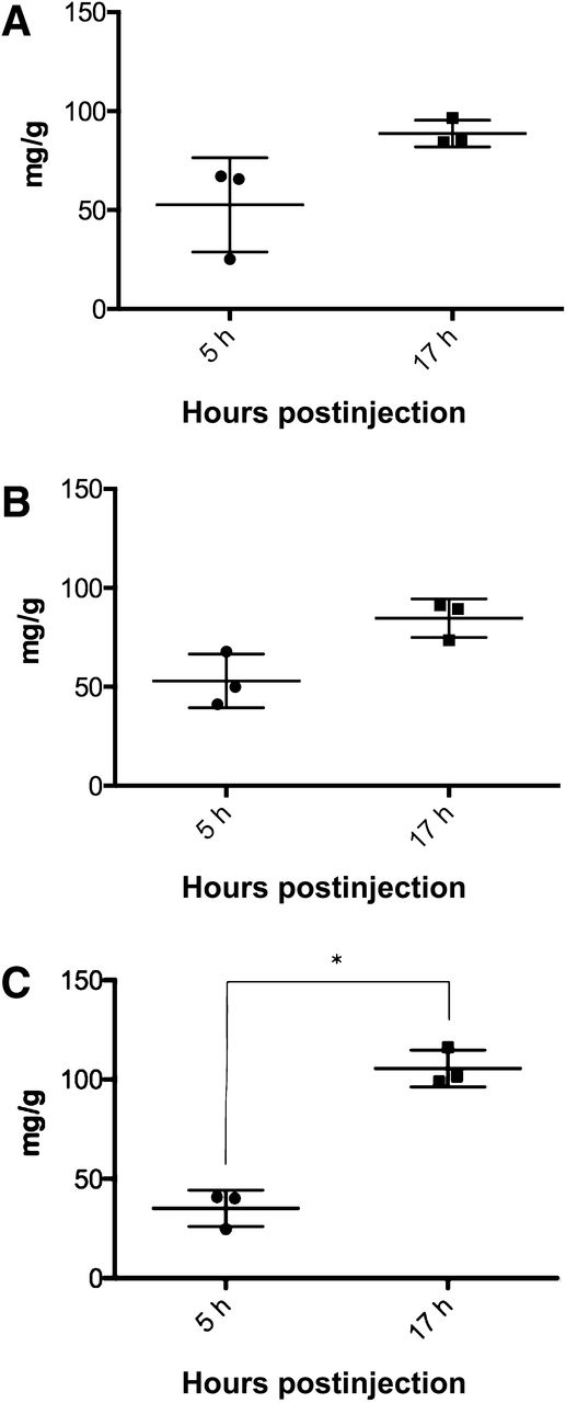 Figure 7. Measurement of glycogen levels in the liver. Free-fed mice were injected subcutaneously with either (A) PBS, (B) INS, or (C) ProINS-Tf (22.5 nmol/kg), and the liver tissue was isolated at 5 or 17 h postinjection. The liver tissue was perfused and homogenized, and the glycogen content was measured. Individual data points (n = 3) are represented as closed circles, along with the mean ± SD (horizontal lines). Data marked with an asterisk indicate statistically significant differences comparing different time points using Student t test. *P < 0.01.