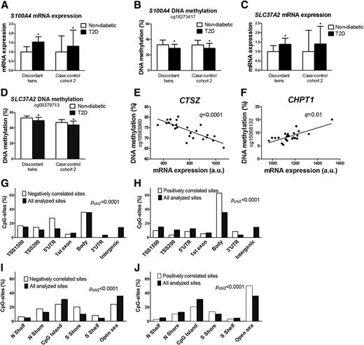 Figure 3. Associations between DNA methylation and gene expression in human adipose tissue. S100A4 mRNA expression (A) and DNA methylation (B) differ significantly between diabetic compared with nondiabetic subjects both in the discordant twins and in case-control cohort 2. SLC37A2 mRNA expression (C) and DNA methylation (D) differ significantly between diabetic compared with nondiabetic subjects both in the discordant twins and in case-control cohort 2. Data are shown as mean ± SD. E: mRNA expression of CTSZ correlates negatively with DNA methylation of cg18563860 located in TSS1500 of the gene, in adipose tissue from T2D discordant twins. F: mRNA expression of CHPT1 correlates positively with DNA methylation of cg15068132 located in gene body, in adipose tissue from T2D discordant twins. *P < 0.05 compared with nondiabetic/NGT. a.u., arbitrary units. Distribution of individual CpG sites located in or near genes that exhibit differential expression in T2D discordant twins and that show an inverse (G) or positive (H) relationship between DNA methylation and mRNA expression in the discordant twins in relation to their functional genome distribution. Distribution of individual CpG sites located in or near genes that exhibit differential expression in T2D discordant twins, and that show an inverse (I) or positive (J) relationship between DNA methylation and mRNA expression in the discordant twins in relation to CpG island regions. N, northern; S, southern. The distribution of the significant sites compared with the distribution of all analyzed sites on the Infinium HumanMethylation450 BeadChip is significantly different (P value) from what is expected by chance based on χ2 tests (Pchi2).