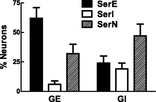 Figure 6. Effect of 5-HT on PFH glucosensing neurons in vitro. PFH neurons were classified as GE or GI and, at glucose levels comparable to those seen during hypoglycemia (0.5 mmol/L), were assessed for their responses to 50 pmol/L 5-HT. Bars are mean ± SEM. SerE, 5-HT excited; SerI, 5-HT inhibited; SerN, 5-HT nonresponsive.
