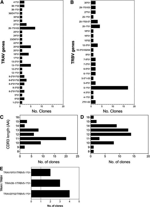 Figure 3. Analysis of the islet-infiltrating CD4+ T-cell clone’s TCR gene usage. The TCR genes are from each of 53 islet-infiltrating CD4+ T cells. Sequences were analyzed using IMGT/V-quest, and the number of clones expressing a TRAV (A) or TRBV gene (B) are plotted. Each gene was sequenced at least twice. The CDR3 regions were identified, and the TCRs with a CDR3 region of each length is plotted for both TRAV (C) and TRBV (D). E: Three groups of clones with identical TCRs were identified. The graph shows the TRA and TRB genes on the vertical x-axis and the number of clones that express these TCRs on the horizontal y-axis. The TCR gene sequences are shown in Supplementary Spreadsheet 1.