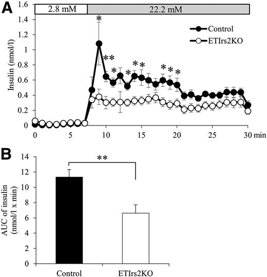 Figure 3. Insulin secretion was significantly decreased in the ETIrs2KO mice during pancreatic perfusion. A: Insulin secretion from perfused pancreata of the control and ETIrs2KO mice at 12 weeks (n = 8). B: Amounts of insulin secreted in the control and ETIrs2KO mice after glucose stimulation expressed as the area under the curve (AUC) of insulin values from 5 to 30 min in A. Values are the mean ± SE. *P < 0.05, **P < 0.01.