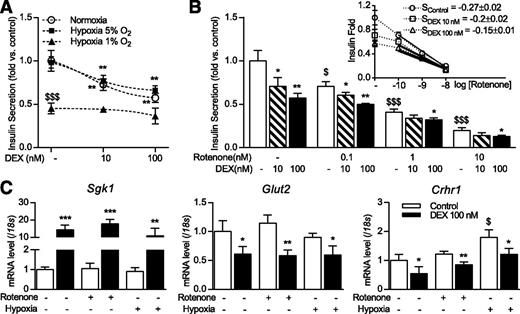 Figure 5. DEX inhibits insulin secretion under normoxic, hypoxic, and ATP-deficient conditions in isolated rat islets. DEX inhibited 24-h insulin secretion under normoxia (21% O2) and hypoxia (5% and 1% O2) (A). Inhibition of insulin release by DEX was negatively correlated with ATP level (0.1–10 nmol/L rotenone) (B). DEX elevated Sgk1 mRNA and inhibited Glut2 and Crhr1 mRNA expression under normoxia, and these changes were not affected by ATP deficiency (1 nmol/L rotenone) or hypoxia (5% O2) (C). Hypoxia induced Crhr1 mRNA expression. n = 3–4 in each group. *P < 0.05, **P < 0.01, ***P < 0.001 vs. each control group; $P < 0.05, $$$P < 0.001 vs. vehicle treatment group.