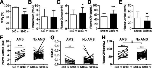Figure 7. High-altitude hypoxia results in changes of insulin and glucose homeostasis, and these are correlated with AMS in humans. Compared with low altitude (540 m), high altitude (3,860 m) decreased SpO2 (A) and caused no change in plasma insulin (B), increased plasma glucose (C) and CRH (D), and decreased plasma cortisol (E). Plasma glucose was elevated in volunteers with AMS (F), whereas their HOMA-IS was reduced (G). The increase in plasma CRH was significantly higher in volunteers with AMS than in those without (H). n = 67 (12 with AMS, 55 without). *P < 0.05, **P < 0.01, ***P < 0.001 vs. low altitude; $P < 0.05 AMS vs. no AMS.