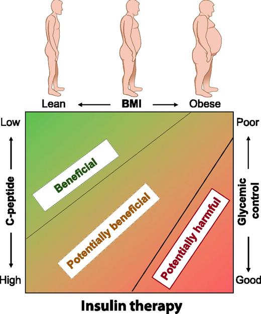 Figure 4. The appropriateness of insulin therapy in patients with T2D. The need for insulin therapy depends on whether it is being used as replacement in insulin-deficient patients (less likely to cause harm) or to override IR (more likely to cause harm). Insulin-deficient patients are more likely to be lean and in neutral or negative energy balance, with low C-peptide levels and poor glycemic control. Insulin-induced harm is more likely to occur in overweight and obese subjects with IR and high C-peptide levels and an inability to achieve negative energy balance through lifestyle change. In these patients, lifestyle and pharmacological therapies aimed at reversing the excess nutrient imbalance are more advisable than insulin therapy.