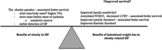Figure 1. A summary of the competing beneficial effects of obesity and intentional weight loss. *The murine model in the study by Sankaralingam et al. (7) did not show a change in lean body mass with intentional weight loss. Most human studies do show higher lean body mass in obesity and a decrease with weight loss. †Changes seen in the study by Sankaralingam et al. (7).