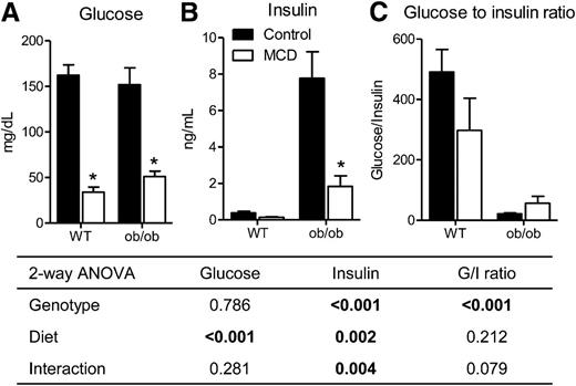 Figure 2. Effect of MCD diet and ob/ob strain on glucose and insulin. Plasma samples from WT or ob/ob mice fed either a control diet or MCD diet analyzed for glucose (A) and insulin (B) concentrations. C: The glucose-to-insulin ratio was calculated by dividing the glucose concentration by the insulin concentration for each animal. Data represent mean ± SEM. Boldface values in the table indicate P < 0.05. Control, n = 5; MCD, n = 4; ob/control, n = 5; ob/MCD, n = 5. *P value < 0.05 according to a two-way ANOVA Bonferroni multiple comparison posttest. Black bars, control diet; white bars, MCD diet.
