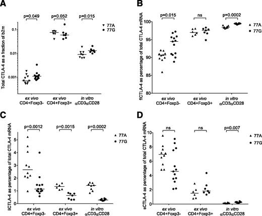 Figure 2. The 77A mutation increases liCTLA-4 isoform expression in T cells. CD4+Foxp3− and CD4+Foxp3+ splenocytes were isolated from 7- to 9-week-old female NOD 77A Foxp3EGFP (triangles) (n = 10) and NOD 77G Foxp3EGFP (circles) (n = 13) mice. For in vitro activation, CD4+Foxp3− cells were cultured with anti-CD3/anti-CD28 for 48 h. qPCR analysis reveals total CTLA-4 expression (A) as well as the contribution of flCTLA-4 (B), liCTLA-4 (C), and sCTLA-4 (D) to the total CTLA-4 mRNA pool in both mouse strains. Statistical analysis was performed using the nonparametric Mann-Whitney test. Median values are indicated as black bars. The data are pooled from three independent experiments. ns, nonsignificant.